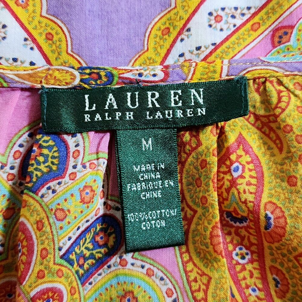 Lauren Ralph Lauren Womens Cotton Ruffle Blouse 3/4 Sleeve Colorful Paisley Sz M - Picture 7 of 10